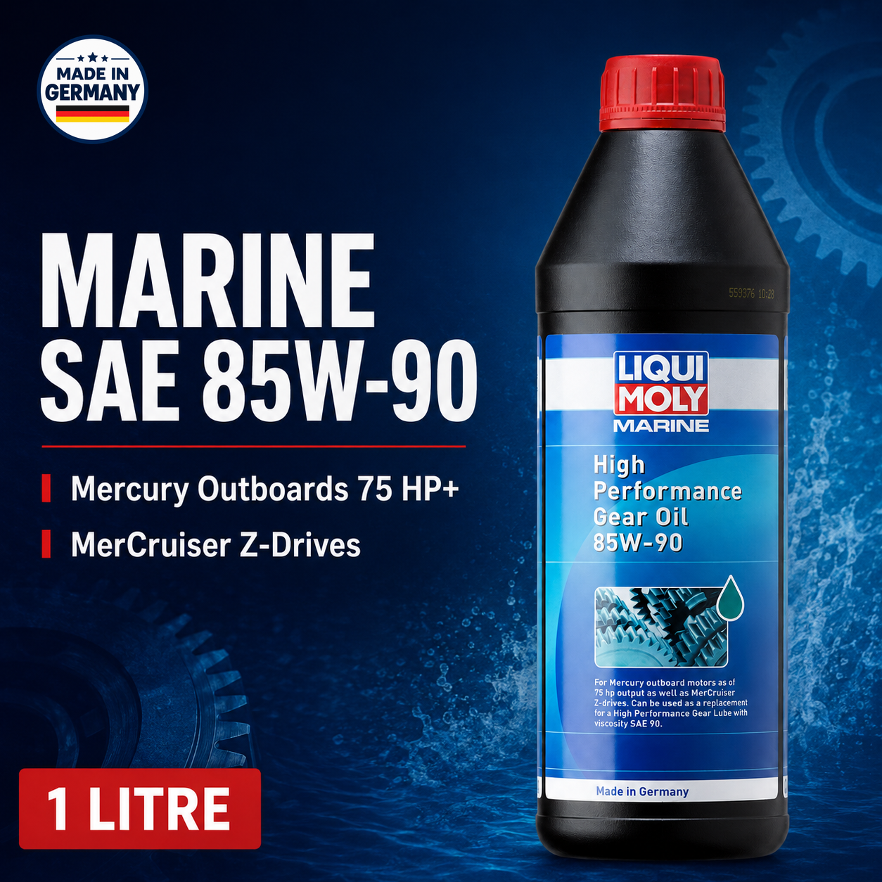 Made in Germany Liqui Moly Marine 85W-90 for Mercury outboards and MerCruiser Z-drives