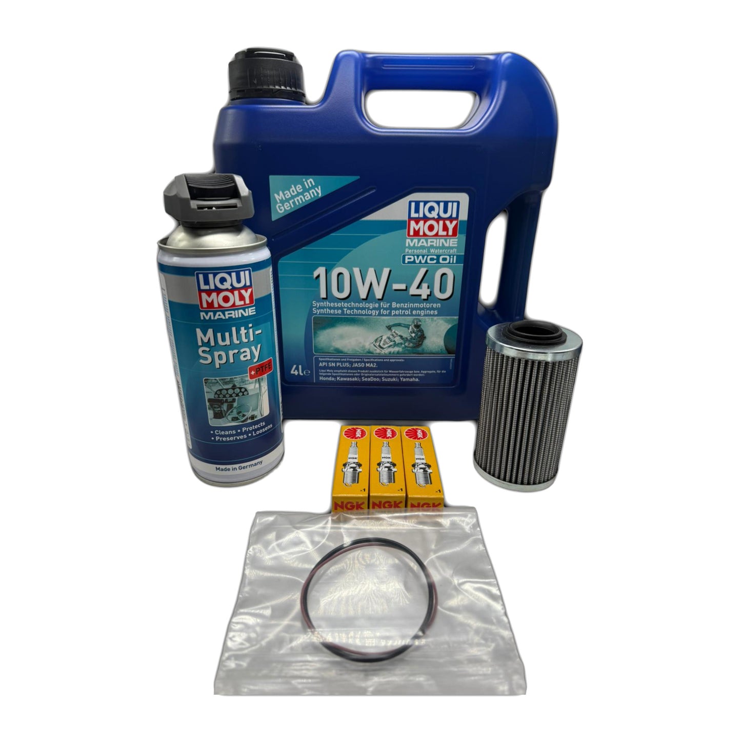 Liqui Moly Sea-Doo 130 to 260 hp service kit with 10W-40 oil, filter, NGK spark plugs, O-rings and marine spray