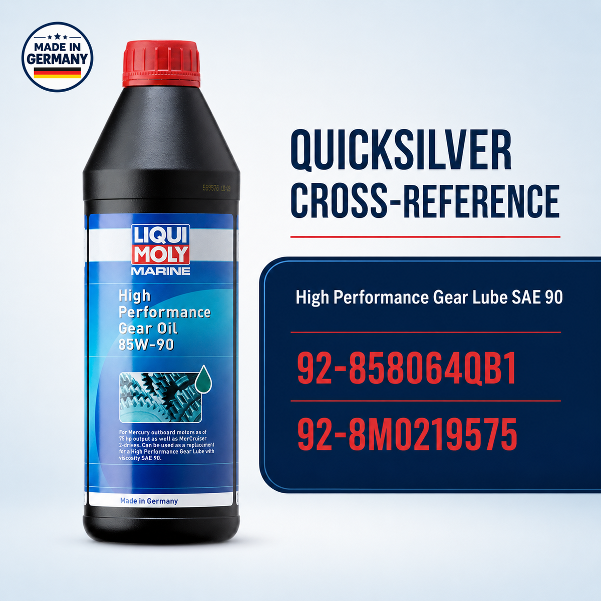Made in Germany Liqui Moly Marine 85W-90 cross-reference for Quicksilver High Performance Gear Lube
