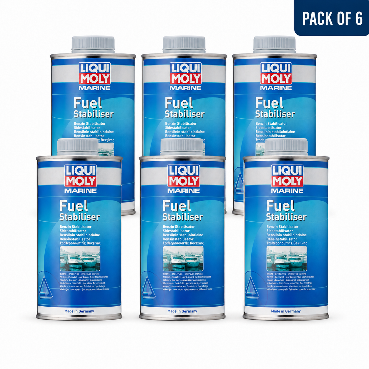 Six cans of Liqui Moly Marine Fuel Stabiliser 500ml with Pack of 6 badge