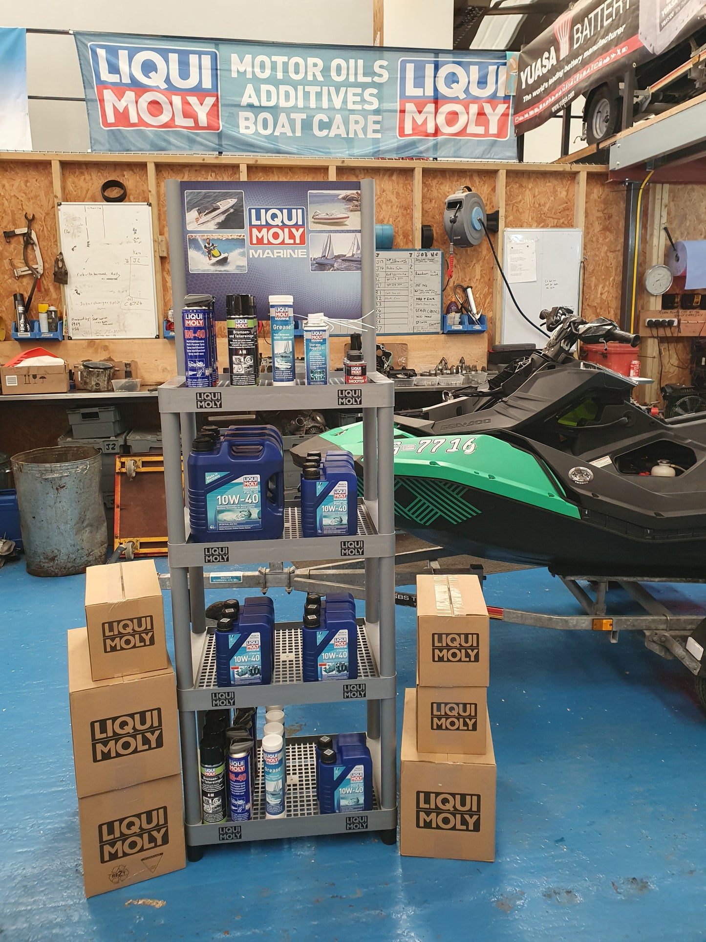 Liqui Moly marine maintenance products in the South Quay Leisure workshop