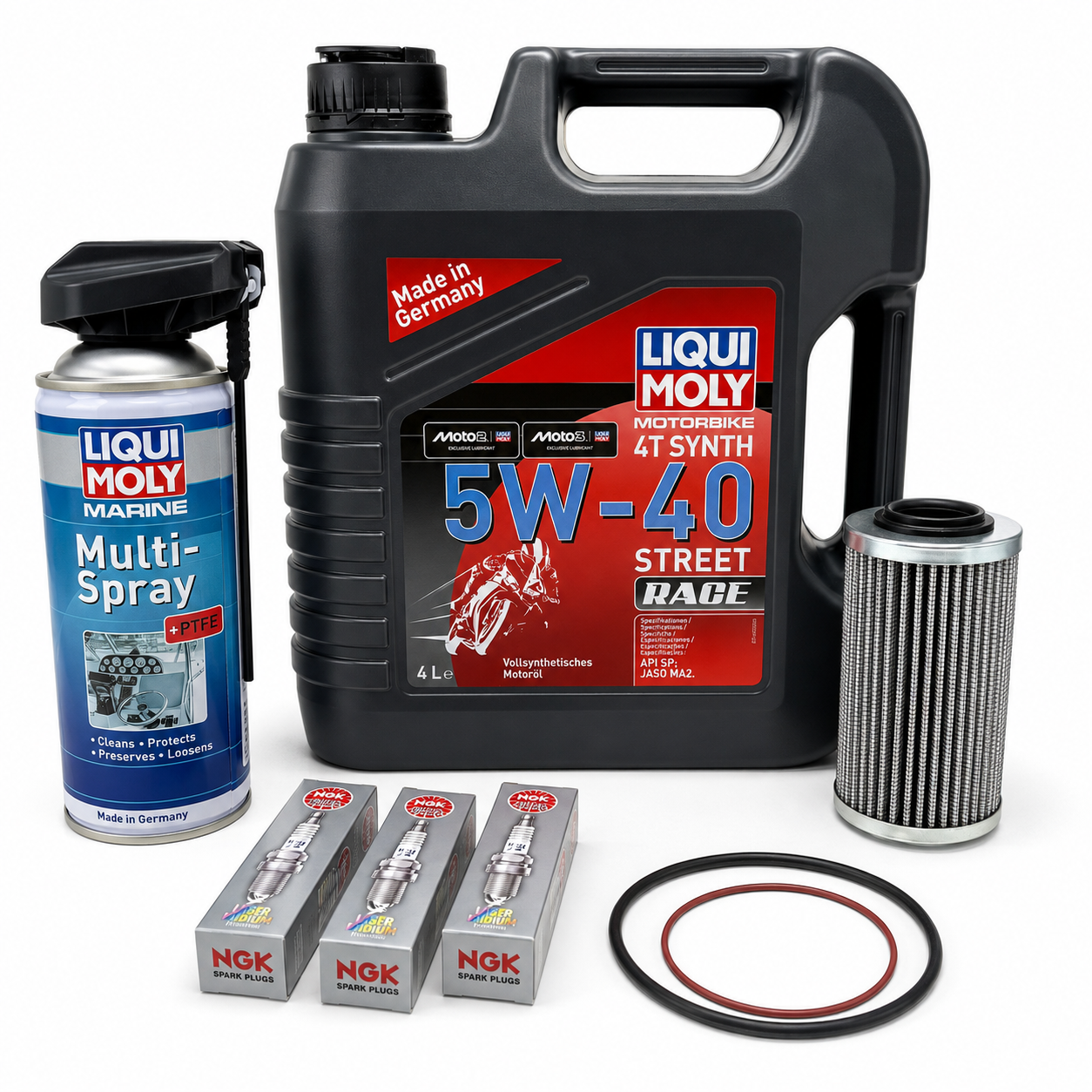 Liqui Moly service kit for Sea-Doo 325 HP and 350 HP models with 5W-40 oil, Marine Multi-Spray, filter, NGK iridium spark plugs and two O-rings