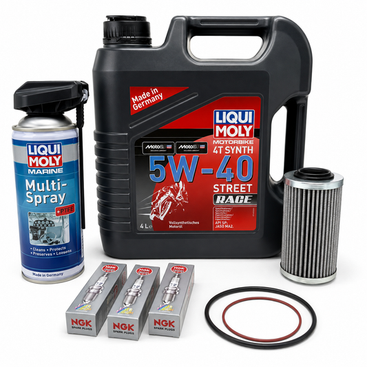 Liqui Moly service kit for Sea-Doo 325 HP and 350 HP models with 5W-40 oil, Marine Multi-Spray, filter, NGK iridium spark plugs and two O-rings