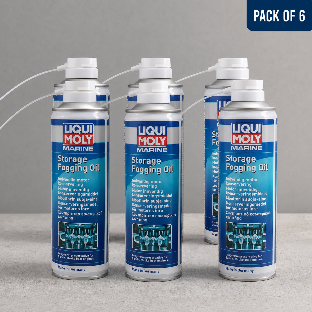 Six cans of Liqui Moly Marine Storage Fogging Oil 25033