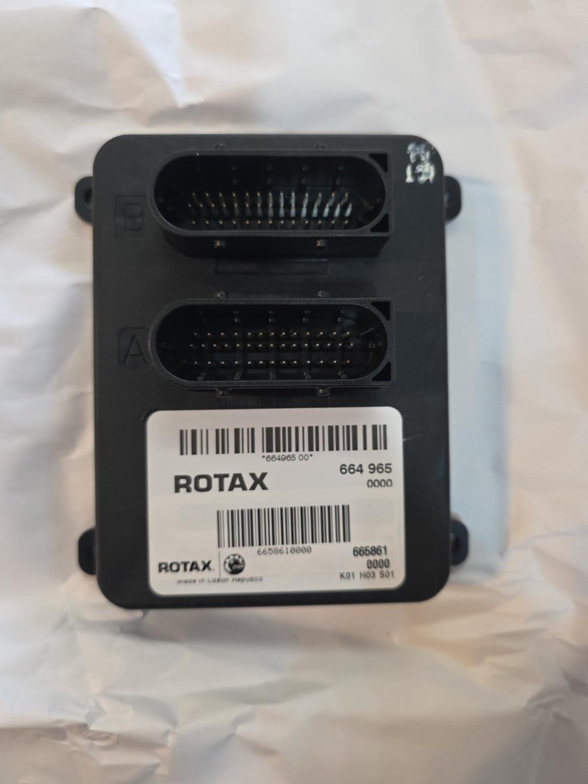 Original photograph of Rotax ECU with label 665861 and hardware reference 664965