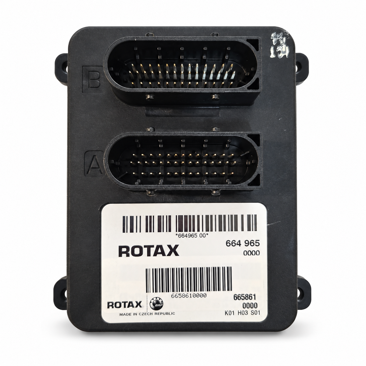 OEM Rotax Sea-Doo 420665861 ECU electronic box showing A and B connectors and identification label