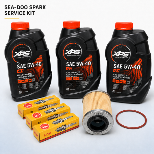 Sea-Doo Spark and Spark Trixx service kit with XPS 5W-40 full synthetic oil, NGK CR8EB plugs, Rotax oil filter and O-ring