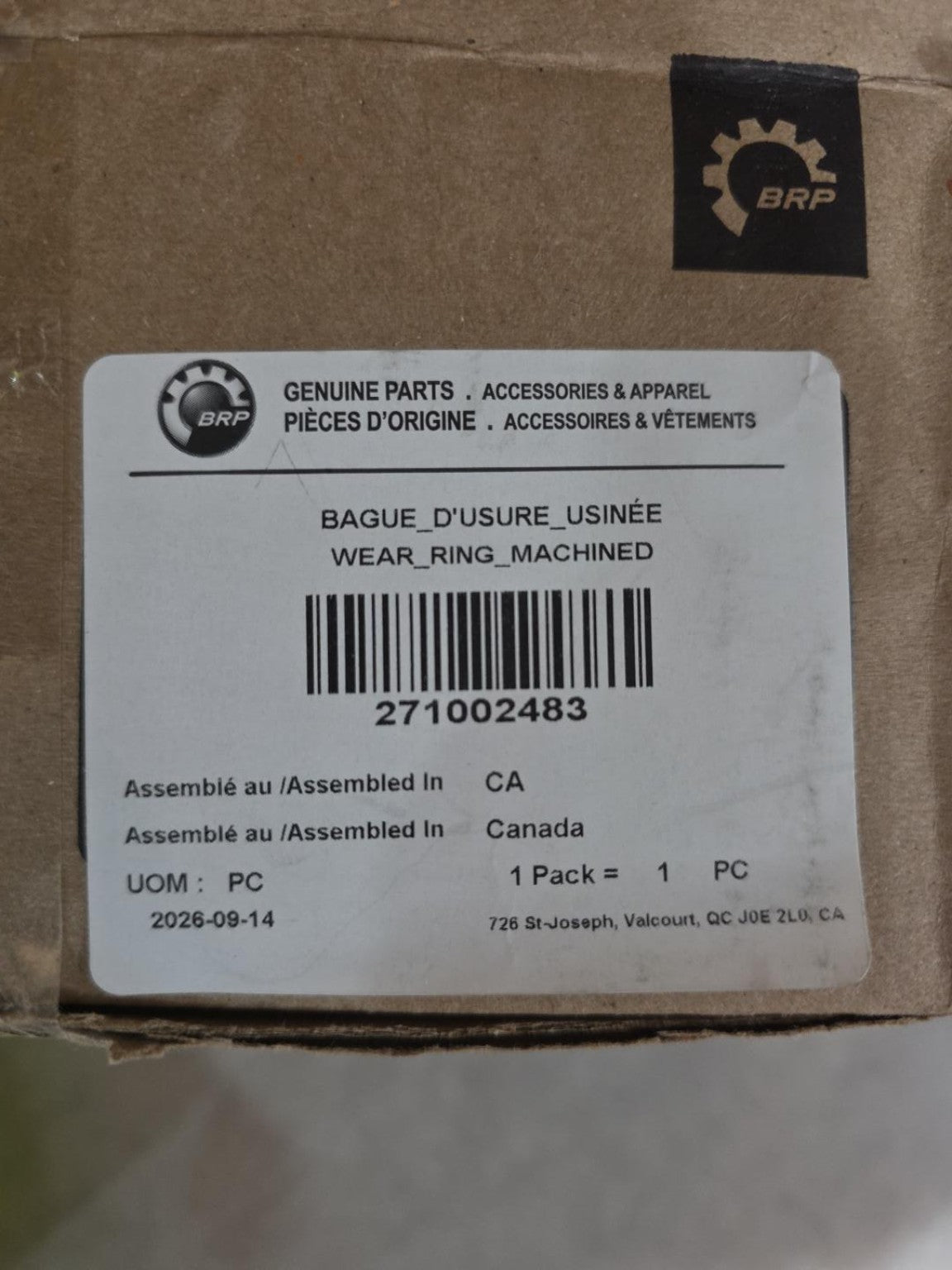 Original BRP wear ring packaging label showing Sea-Doo part number 271002483