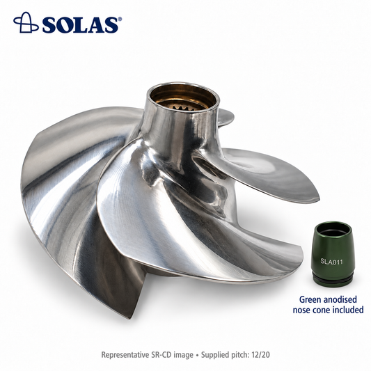 Representative Solas SR-CD impeller with included green push-in nose cone shown separately; supplied pitch 12/20