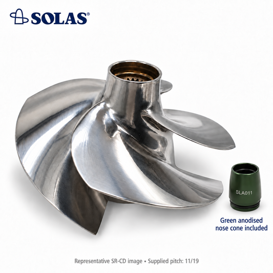 Representative Solas SR-CD-11/19 impeller with included green anodised push-in nose cone; supplied pitch 11/19