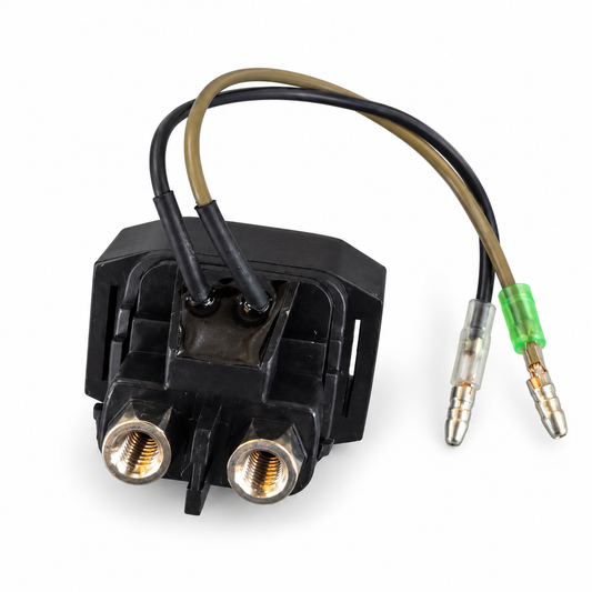 WSM 004-126 Yamaha starter solenoid with two power terminals and black and brown control wires on white background