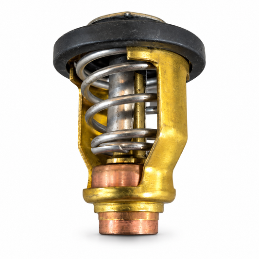 WSM 004-260 Yamaha 60 degree thermostat with fitted rubber seal, spring and brass body on white background