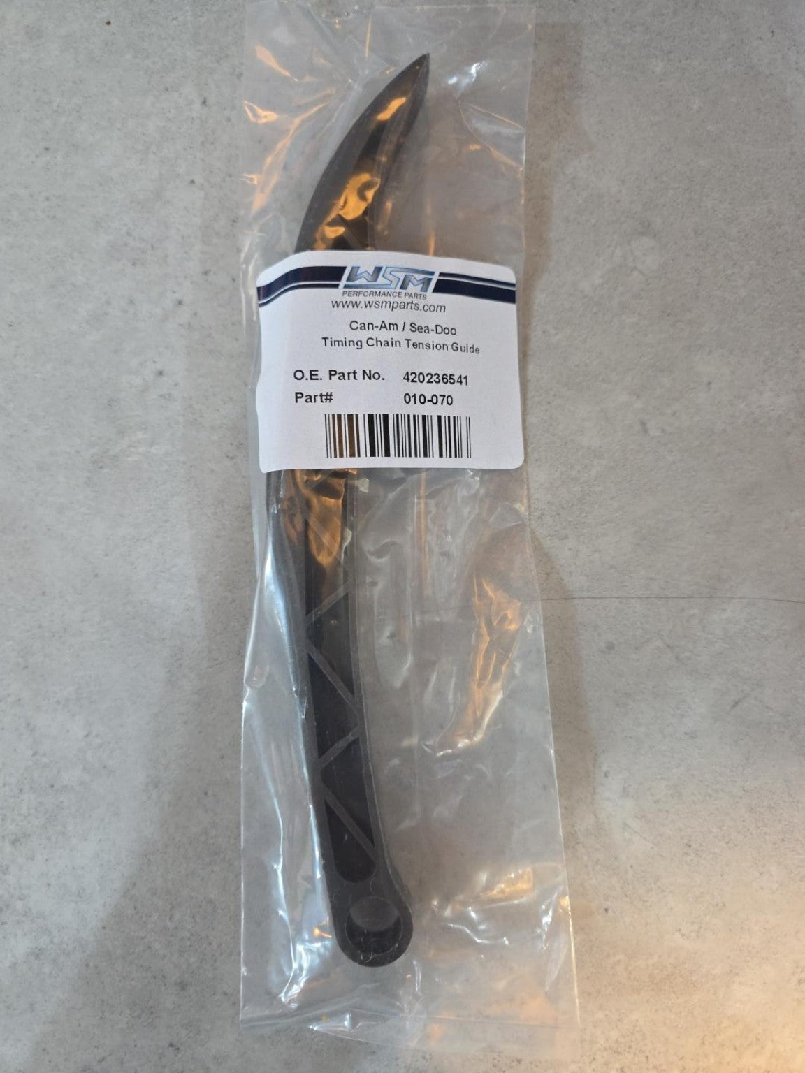 WSM Sea-Doo timing chain tension guide packaging label, OEM 420236541, WSM 010-070.