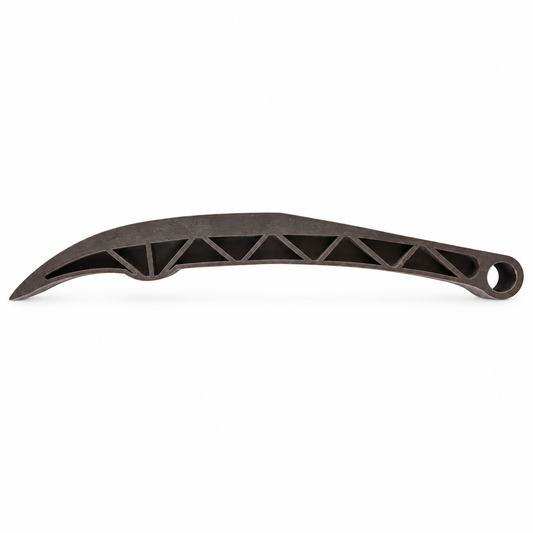 WSM 010-070 Sea-Doo timing chain tension guide side view with curved profile and mounting eye