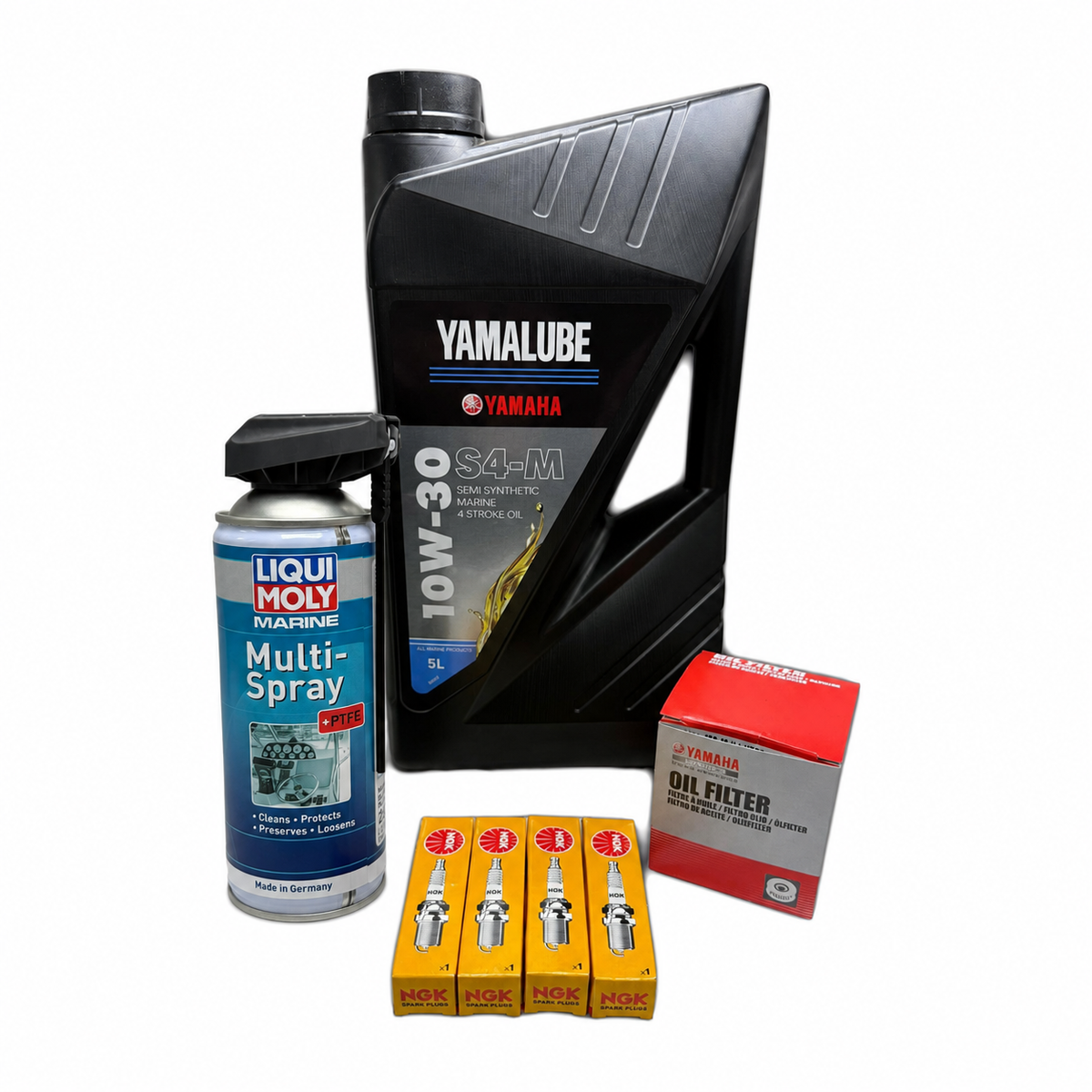 Yamaha 1000cc and 1100cc WaveRunner service kit with Yamalube oil, Yamaha oil filter, four NGK spark plugs and Liqui Moly Marine Multi-Spray