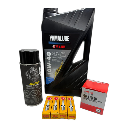 Yamaha HO and SHO Waverunner service kit with Yamalube oil, genuine Yamaha filter, four NGK spark plugs and corrosion spray